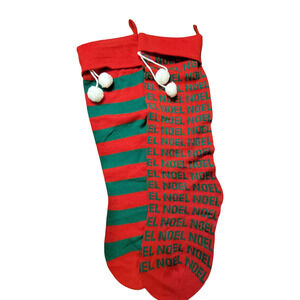 Set Of 2 Super Large Knit Christmas Stocking Noel Striped Pom Poms 36"